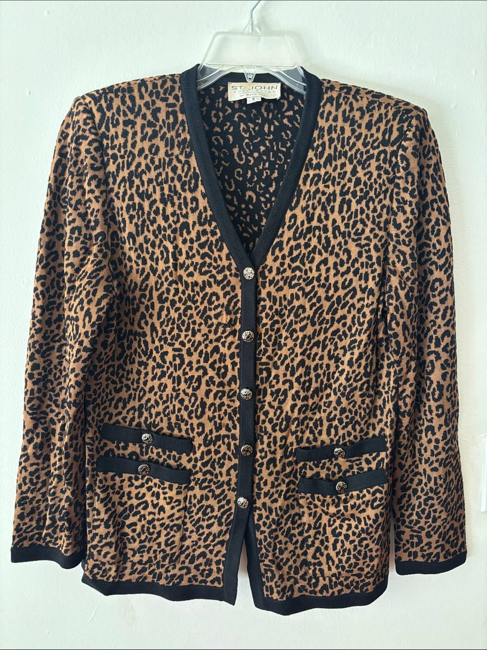 St. John vintage animal print button down cardigan size 8 FLAWED